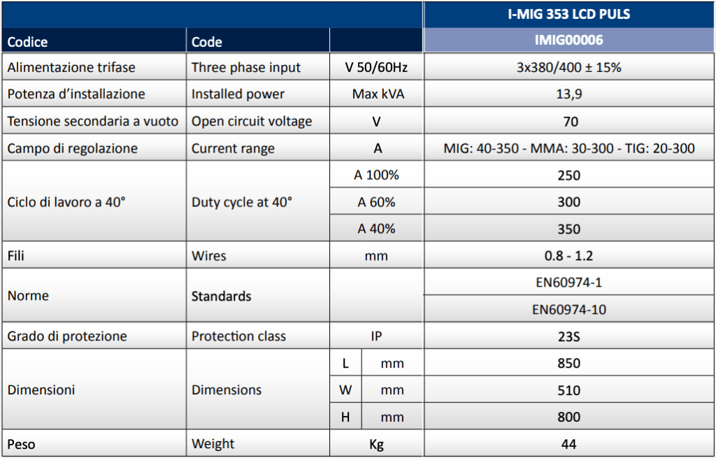 scheda tecnica I-MIG 353 lcd plus